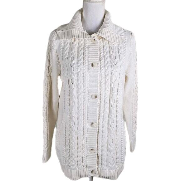 LL. Bean ~Woman Size M~ White Knit Cotton Button-Up Cardigan Sweater Long Sleeve - Picture 5 of 15